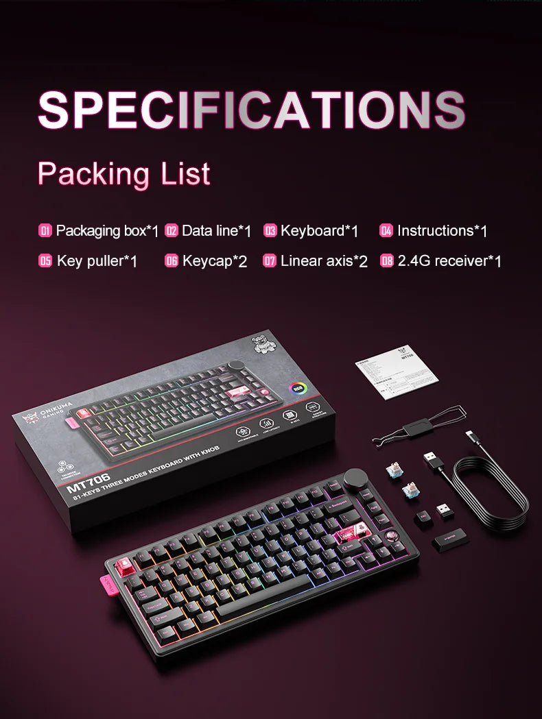 Onikuma 2025 New Mt706 Rgb Gaming Mechanical Keyboard 2.4g/ Wired/Bt, 81-Key Pbt Rgb Gaming Keyboard