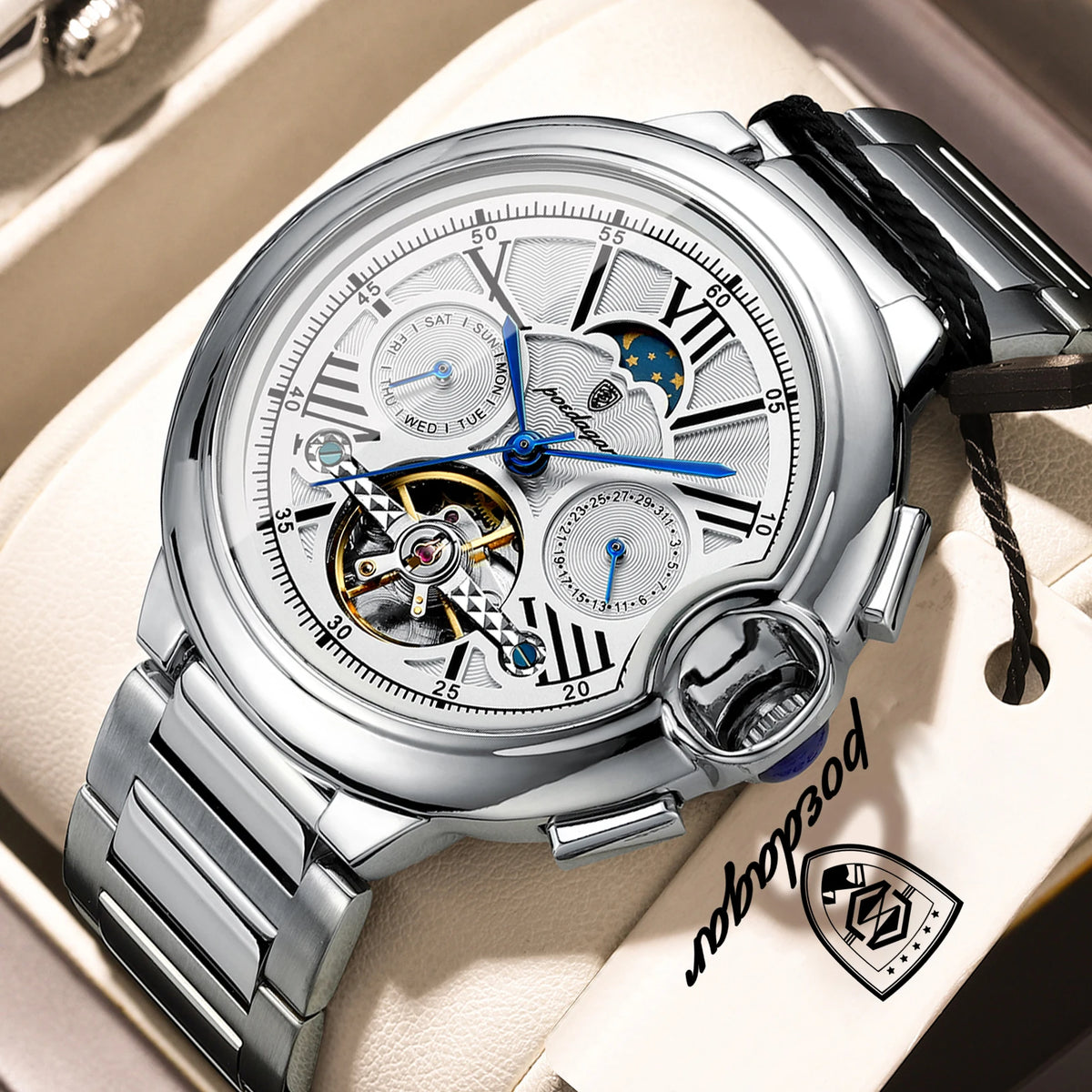 Reloj de lujo para hombre POEDAGAR: modelo automático mecánico con indicador de fecha y día, correa de piel, tourbillon, resistente al agua, estilo elegante y profesional.
