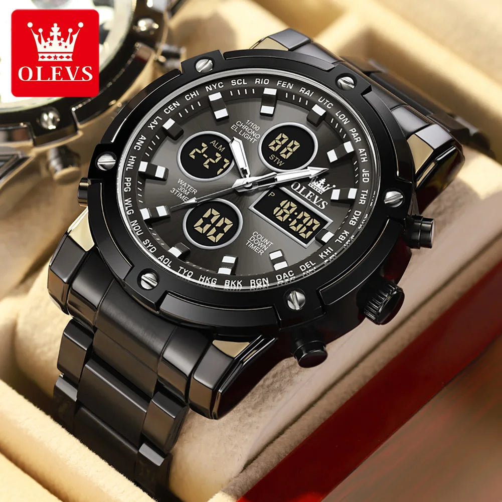 OLEVS Herrenuhr – Wasserdichte Quarz-Armbanduhr aus Edelstahl mit LED-Anzeige – Sportlicher und trendiger Stil (Modell 1106)