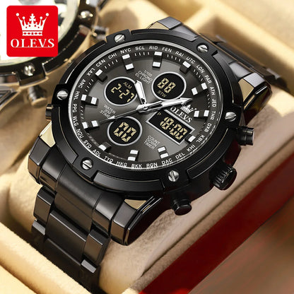 OLEVS Herrenuhr – Wasserdichte Quarz-Armbanduhr aus Edelstahl mit LED-Anzeige – Sportlicher und trendiger Stil (Modell 1106)