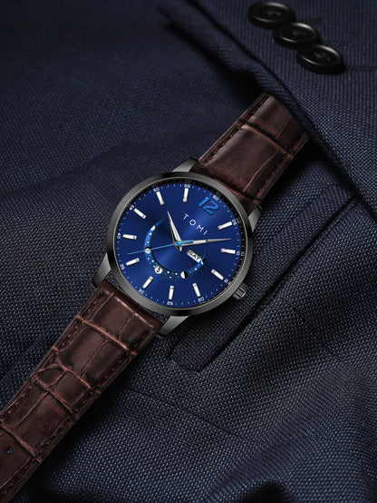 Montre à quartz TOMI, style business et élégant, avec bracelet en cuir, boîtier en alliage et cadran à aiguilles – Design haut de gamme, idée cadeau pour homme