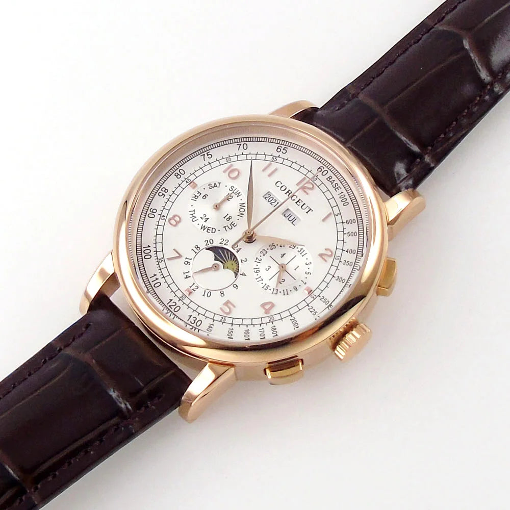 Corgeut Multi Functional Watch Automatic Mechanical Watch for Men 42mm Day Date Month Year Day/Night ST1655 Movt Polished Case
