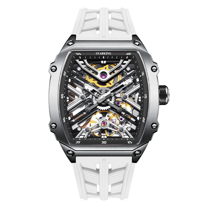 STARKING Men's Waterproof Sports Mechanical Watch, Wear-resistant Silicone Strap, Automatic, Luminous Tonneau Luxury Design
