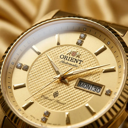 Mekanisk automatisk herrklocka från Orient, med dubbel kalender (datum och veckodag), kristallindex och armband i rostfritt stål – Armbandsur i affärsstil