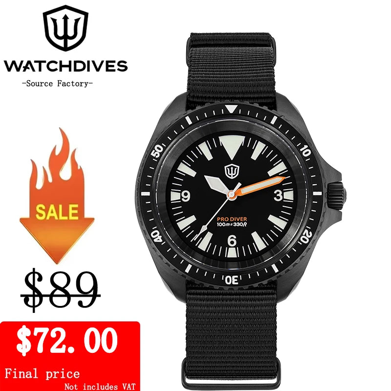 Relógio de Homem Watchdives WD1980 V3 38mm Vintage, Movimento de Quartzo VH31 Ronda 515 com Segundos Contínuos, Luminescente, Vidro de Safira