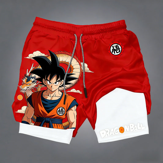 Miesten kaksikerroksiset Dragon Ball -shortsit, Son Goku, kesä, japanilainen anime, feikki-kaksiosaiset urheilu- ja fitness-shortsit, nopeasti kuivuvat