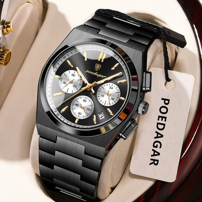 POEDAGAR herenhorloge – Luxe chronograaf van roestvrij staal, met datum, waterdicht en lichtgevend – Sportief quartz-polshorloge