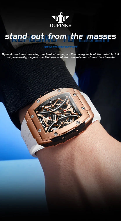 OUPINKE Men's Watches Classic Luxury Tonneau Dial Top Brand Original Automatic Mechanical Wristwatch Silicone Strap Sapphire New