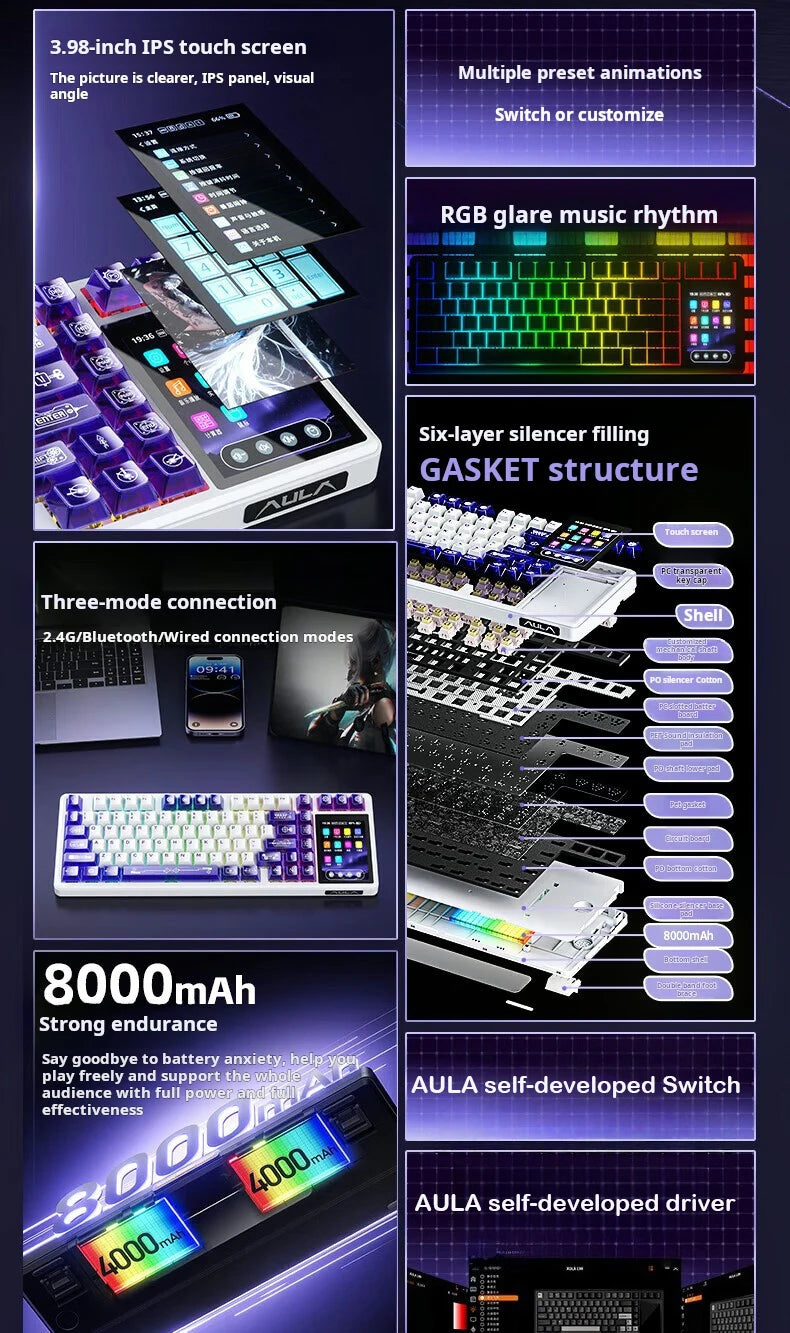Tastiera meccanica AULA L99 con schermo intelligente, Bluetooth wireless tri-mode, per gaming notturno e laptop, 8000mAh, switch Raindrop