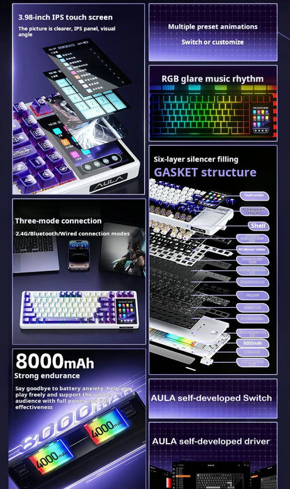 Tastiera meccanica AULA L99 con schermo intelligente, Bluetooth wireless tri-mode, per gaming notturno e laptop, 8000mAh, switch Raindrop
