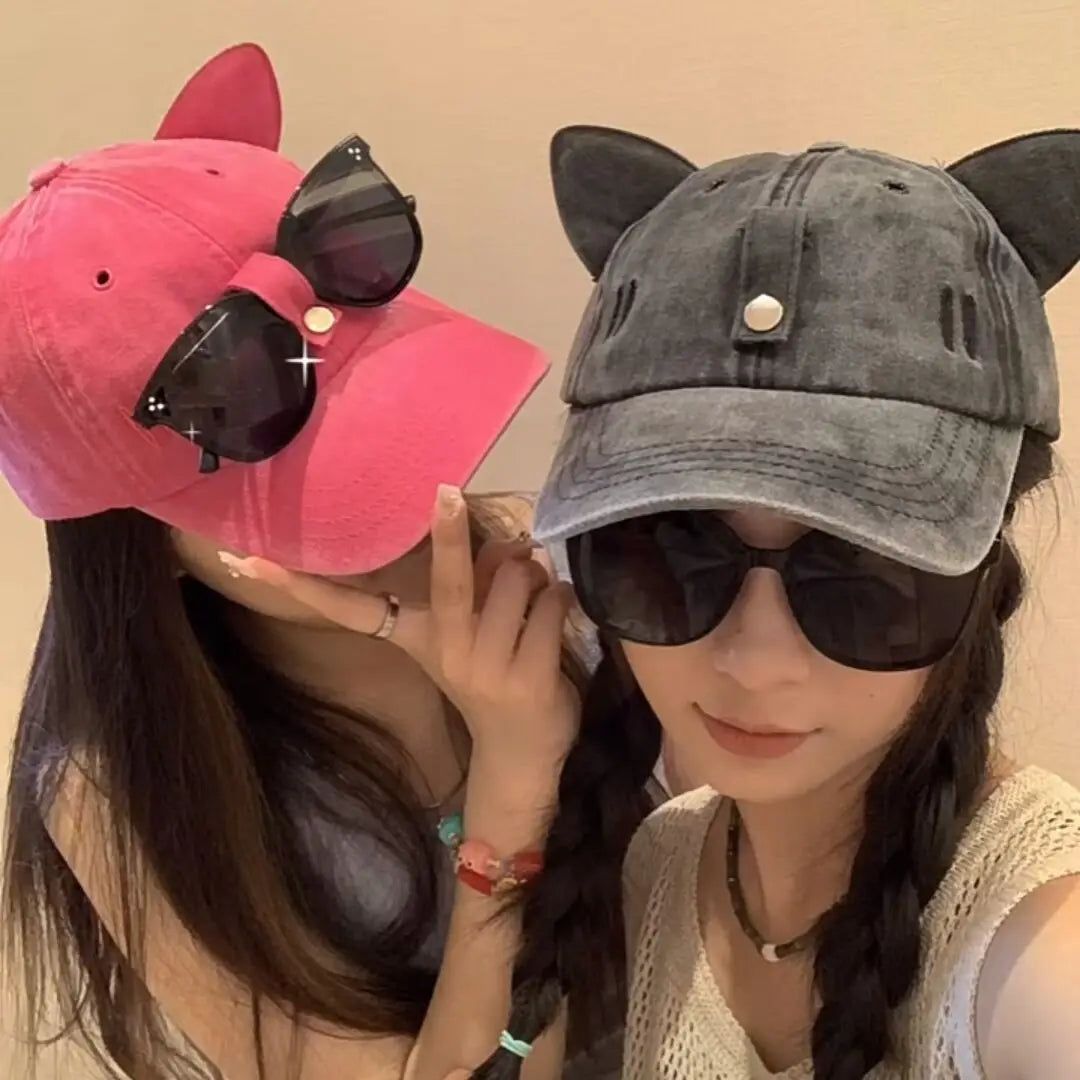 New Cat Ears Sunglasses Baseball Cap Y2K Cotton Washed Pilot Snapback Caps Gorras Women And Men Outdoor Sunshade Sun Hats Unisex