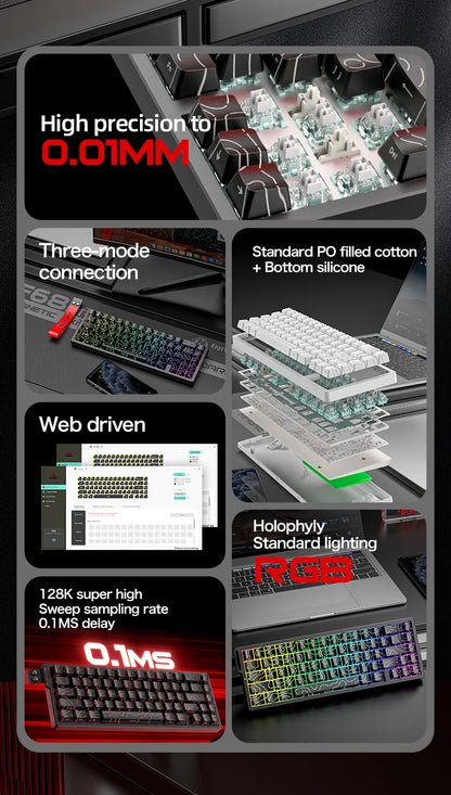 FREEWOLF F68 F68Pro Gaming Keyboard Magnetic Switch 3-Mode Wireless Bluetooth Wired, 8K/1K Polling RGB Hot-Swap RT VALORANT FPS