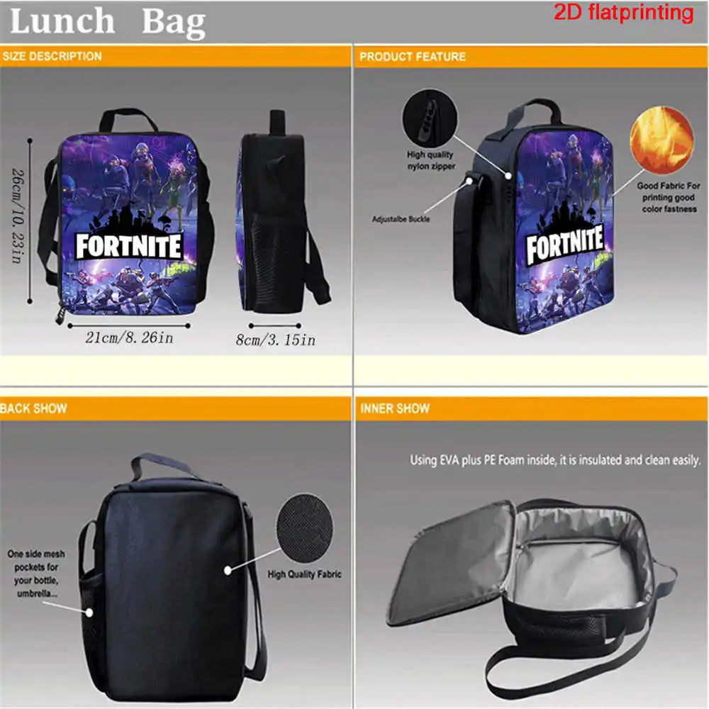 Saco de Almoço Térmico Isolado com Desenho Animado Fofo, Recipiente para Alimentos à Prova de Fugas, Reutilizável, Saco Frigorífico de Almoço Fortnite para Crianças e Estudantes