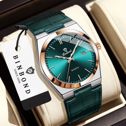 Orologio da polso al quarzo di lusso BINBOND da uomo – Impermeabile, luminescente, con data automatica – Stile professionale, sportivo, alla moda e casual – Cinturino in pelle
