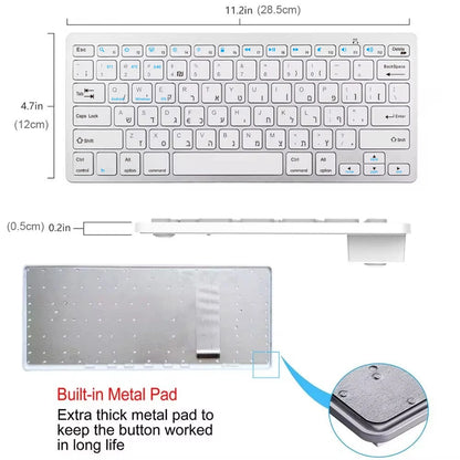 Teclado hebraico ultrafino Bluetooth e 2.4G de modo duplo Israel sem fios, silencioso, para iOS, iPad, tablets Android e Windows