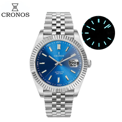 Cronos DateJ Luxury Men's Watch, Stainless Steel 5 Links Bracelet, PT5000 Miyota 9015, 100m Water Resistant, Sapphire