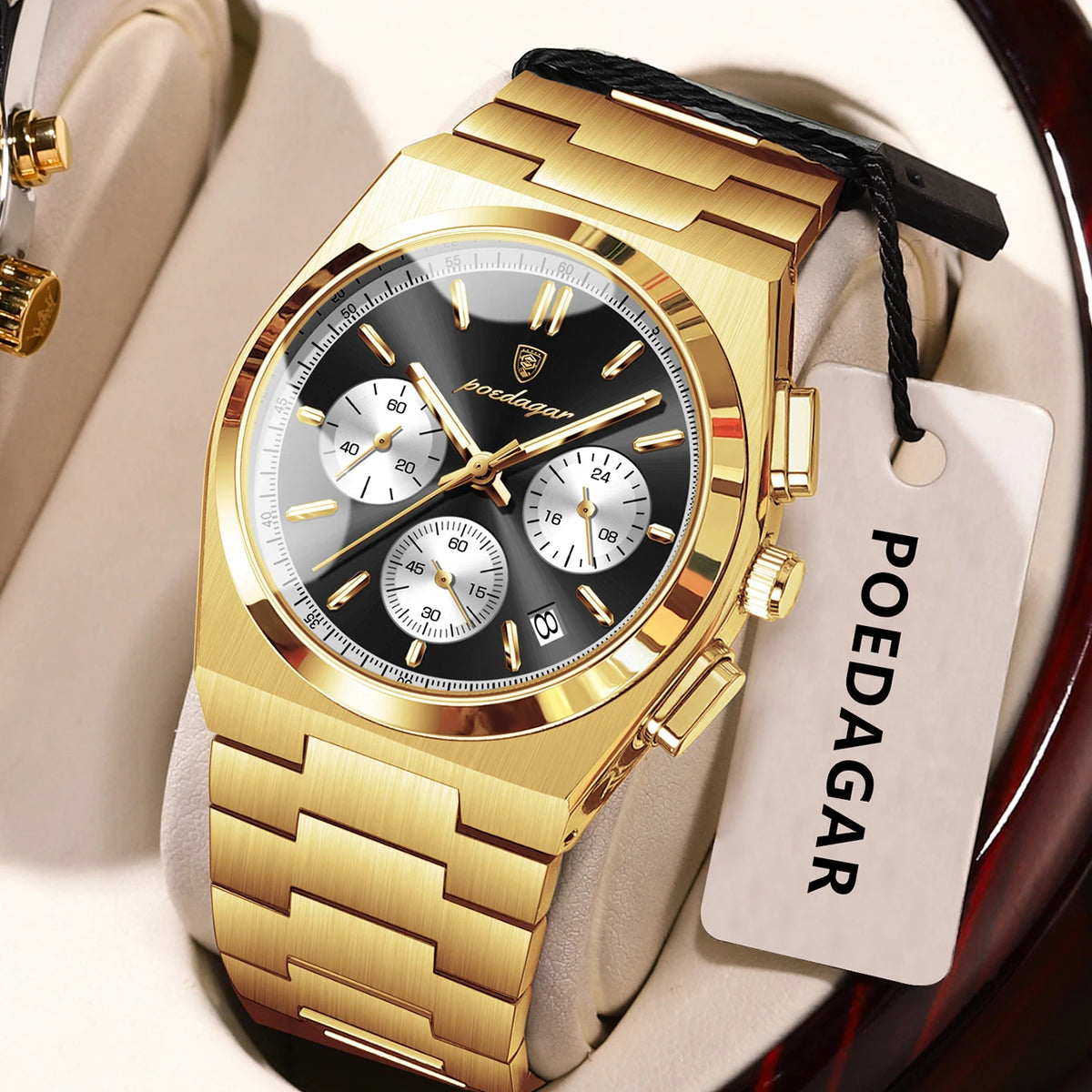 POEDAGAR herenhorloge – Luxe chronograaf van roestvrij staal, met datum, waterdicht en lichtgevend – Sportief quartz-polshorloge