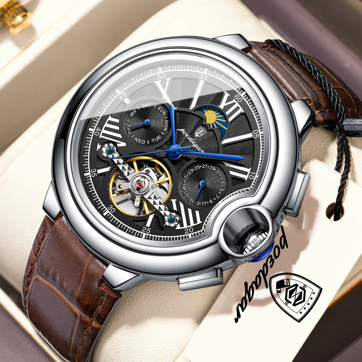 Reloj de lujo para hombre POEDAGAR: modelo automático mecánico con indicador de fecha y día, correa de piel, tourbillon, resistente al agua, estilo elegante y profesional.