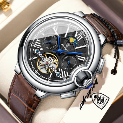Reloj de lujo para hombre POEDAGAR: modelo automático mecánico con indicador de fecha y día, correa de piel, tourbillon, resistente al agua, estilo elegante y profesional.