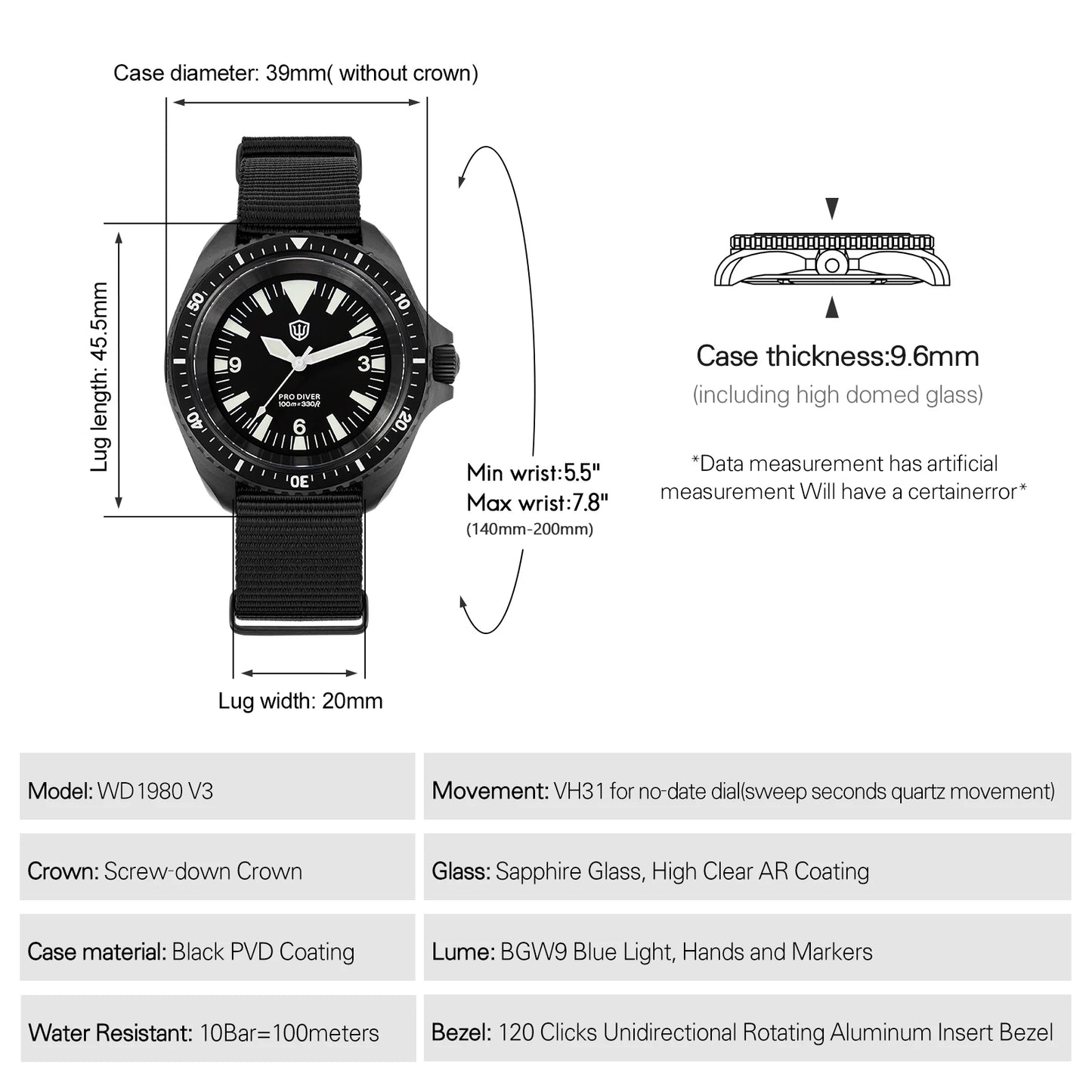 Relógio de Homem Watchdives WD1980 V3 38mm Vintage, Movimento de Quartzo VH31 Ronda 515 com Segundos Contínuos, Luminescente, Vidro de Safira