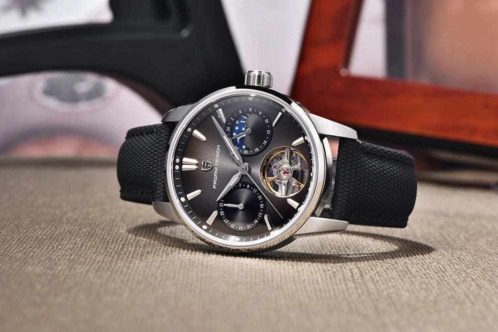 PAGANI DESIGN – Orologio meccanico di lusso da uomo, 41 mm, vetro zaffiro, cinturino in pelle, impermeabile, stile pilota, con tourbillon e fasi lunari
