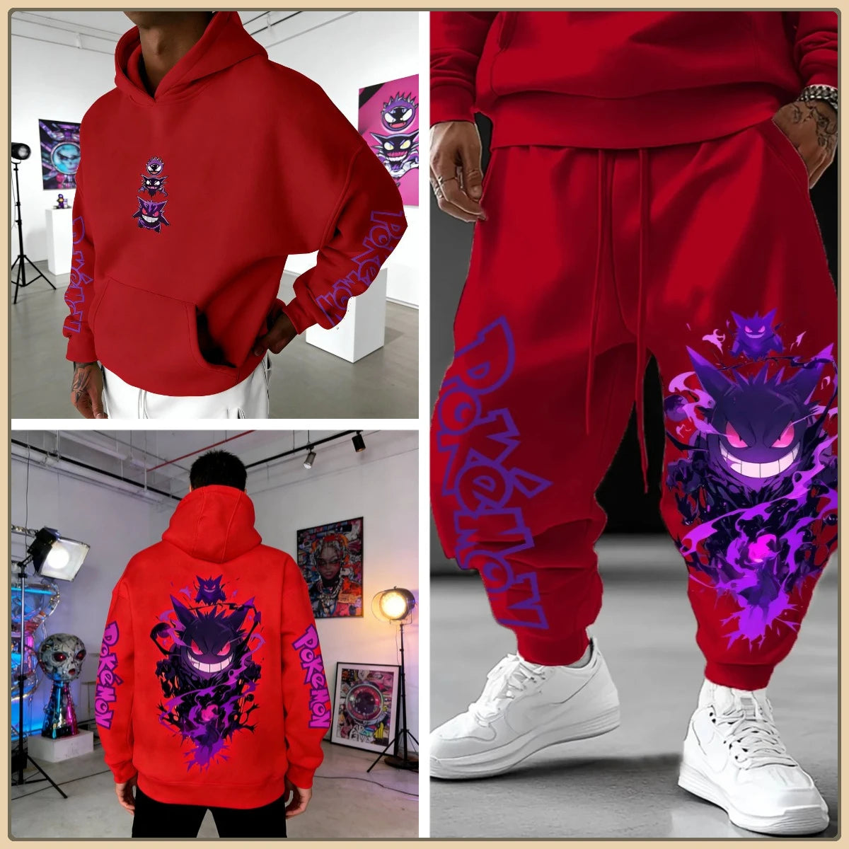Black Hoodie and Pants Set with Pokemon Character Print Sleeve and Side Text Streetwear Anime Tracksuit for Men Unisex Casual