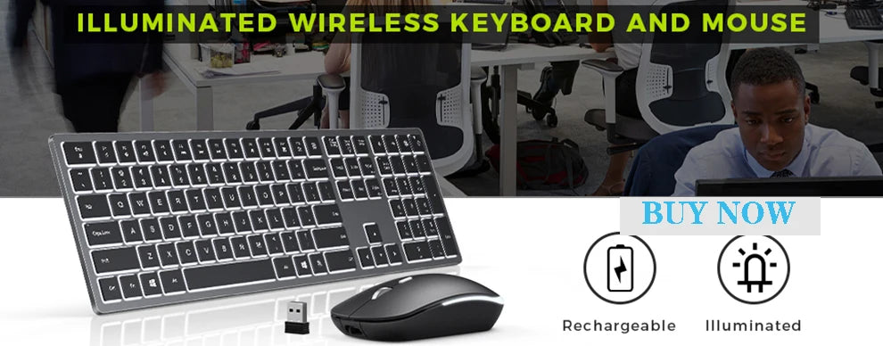 Kabellose Tastatur-Maus-Kombination mit RGB-Hintergrundbeleuchtung, wiederaufladbaren beleuchteten Tasten, Full-Size-Format, ergonomischem Design, Schlafmodus, 2.4GHz
