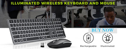 Kabellose Tastatur-Maus-Kombination mit RGB-Hintergrundbeleuchtung, wiederaufladbaren beleuchteten Tasten, Full-Size-Format, ergonomischem Design, Schlafmodus, 2.4GHz