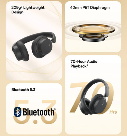 Baseus Bowie D05 Wireless Bluetooth 5.3 Headphones – HiFi Stereo Foldable 70H Battery Over-Ear Headset with Deep Bass & Dual Connection