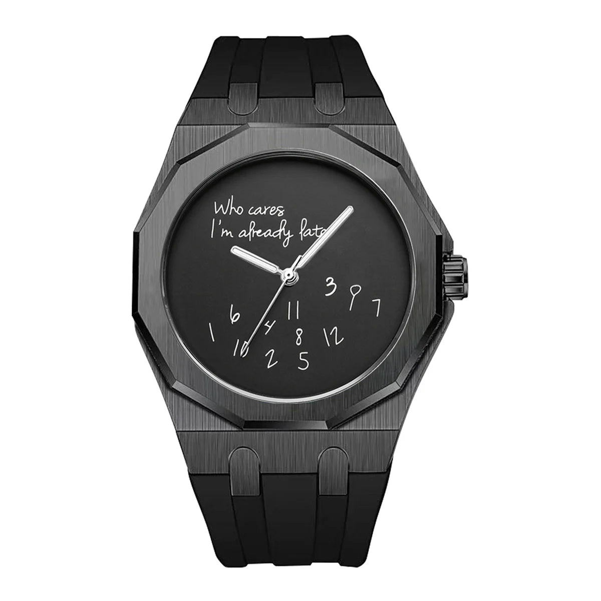 Orologio da uomo di lusso con cassa ottagonale e cinturino in silicone, impermeabile, dotato di un quadrante che riporta lo slogan umoristico «Who Cares I'm Already Late» (E allora? Sono già in ritardo).