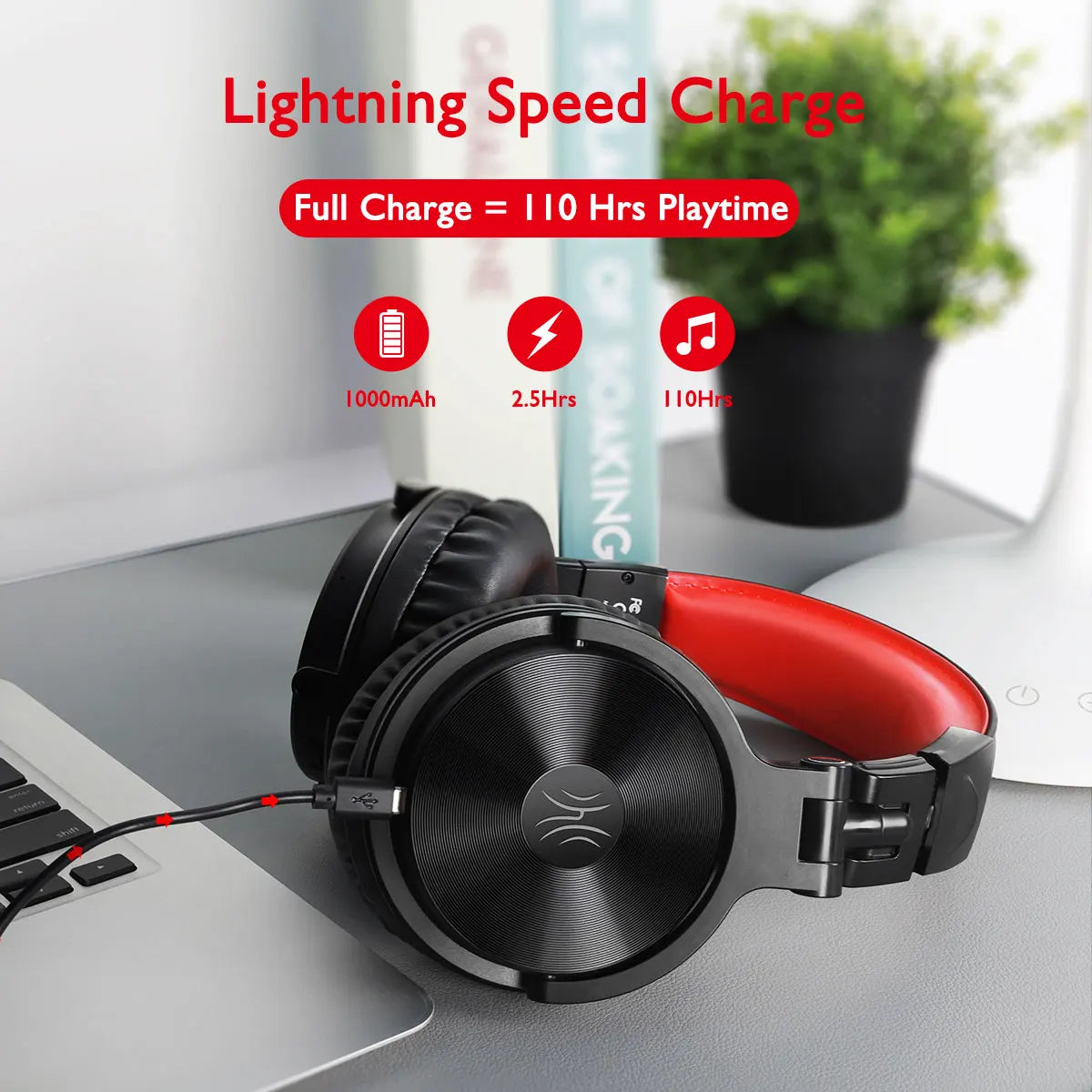 OneOdio 110H kabelloses Bluetooth 5.2 Gaming-Headset – 110H Akkulaufzeit, Over-Ear-Kopfhörer mit tiefem Bass und Mikrofon, kabelgebundenes & kabelloses 2-in-1-Headset für PC und PS4