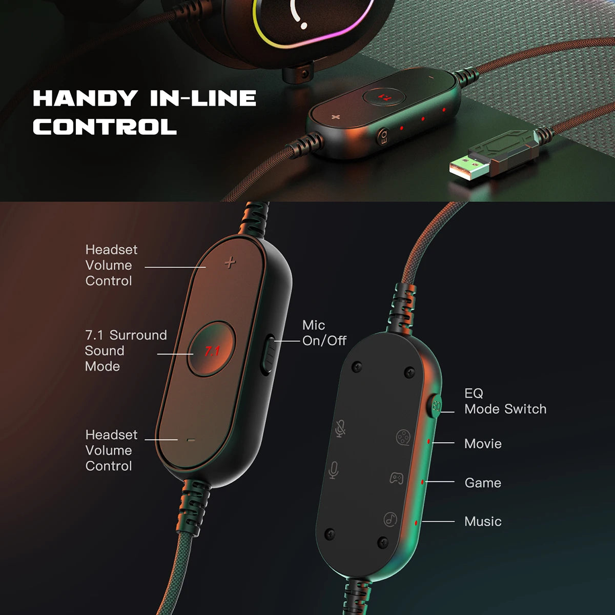 FIFINE RGB-Gaming-Headset mit Mikrofon – kabelgebundene USB-Over-Ear-Kopfhörer mit 7.1-Surround-Sound für PC, PS4, PS5, mit EQ-Modi & Geräuschisolierung