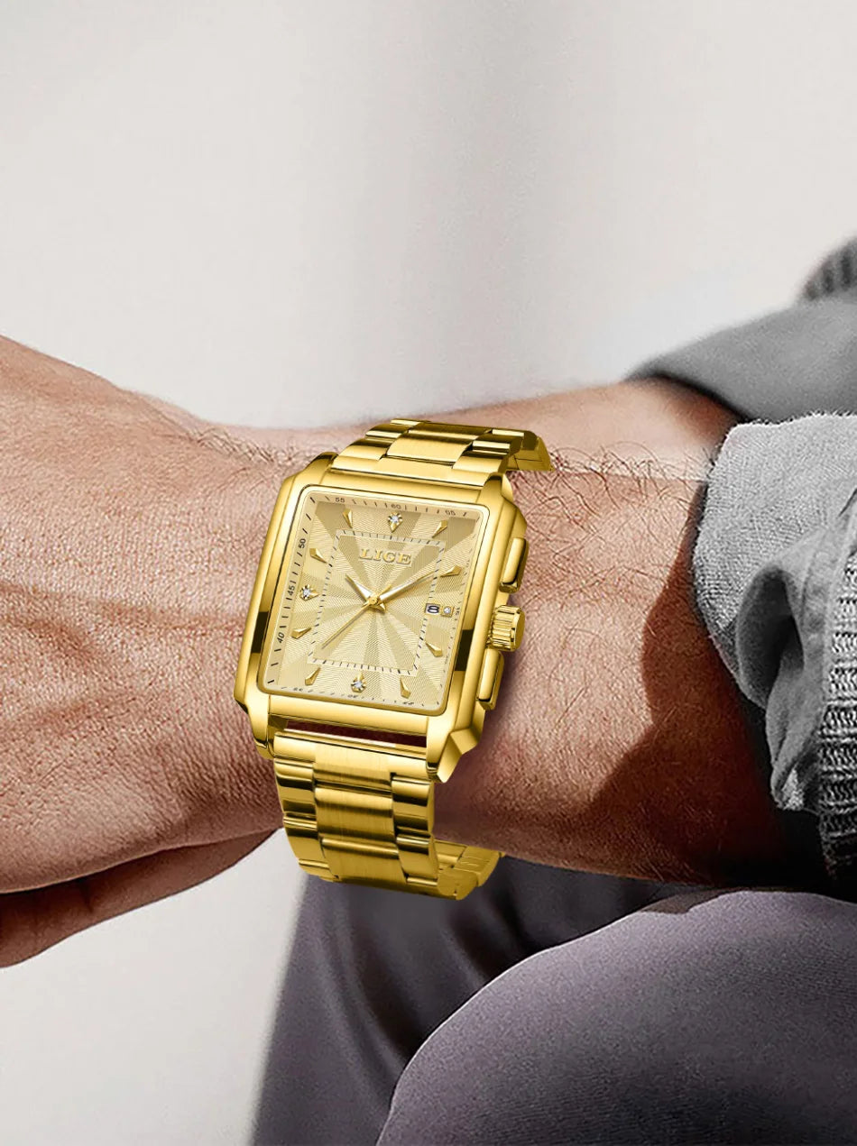 Reloj para hombre LIGE: estilo militar y moderno, caja cuadrada, cronógrafo de cuarzo, resistente al agua, marca de lujo