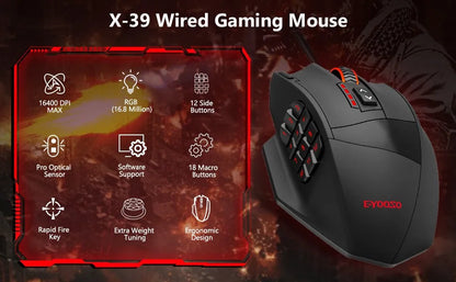 E-YOOSO X-39 Programmable Gaming Mouse, Wired RGB Mouse with 18 Buttons, 8 Removable Weights, 5 DPI, Ergonomic Grip for Computer