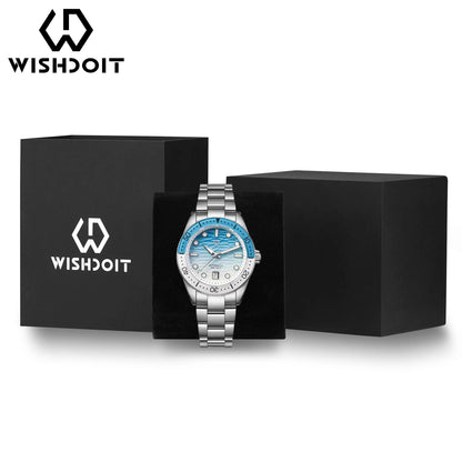 Relógio de Mergulho Automático WISHDOIT para Homem com Mostrador Azul-Oceano e Branco Ondulado, Movimento 8215 e Vidro Safira