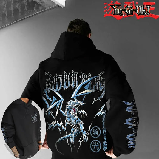 Classic Anime Yu Gi Oh Character Blue Eyed White Dragon Printed Male Autumn/Winter Thick and Wide Y2K Halloween COS Wide Hoodie