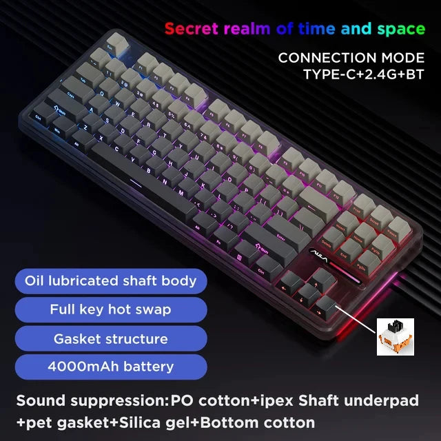 AULA F87 Pro mechanische Tastatur 2.4g/Usb/Bluetooth Tri-Mode Wireless, 87 Tasten, RGB, PBT, Gasket, 5-lagige Schalldämpfung, Full-Key, No Impact