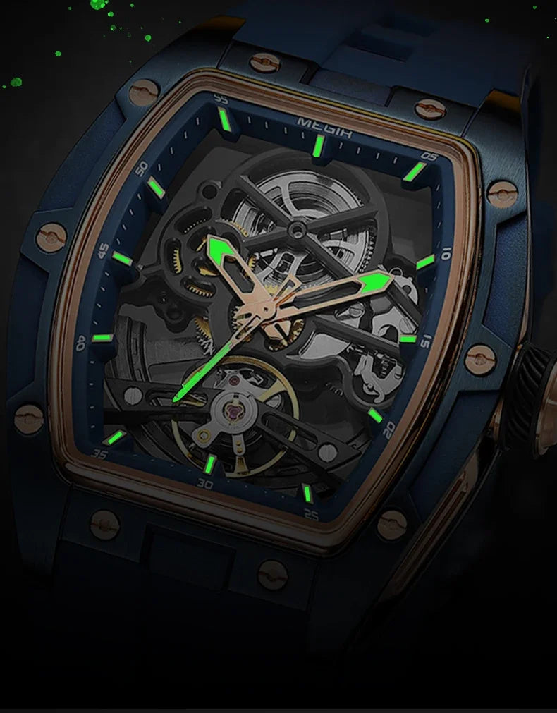MEGIR MG-2242G Men’s Automatic Mechanical Watch  Skeleton Barrel Case, Luminous Hands & Silicone Strap