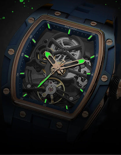 MEGIR MG-2242G Men’s Automatic Mechanical Watch  Skeleton Barrel Case, Luminous Hands & Silicone Strap