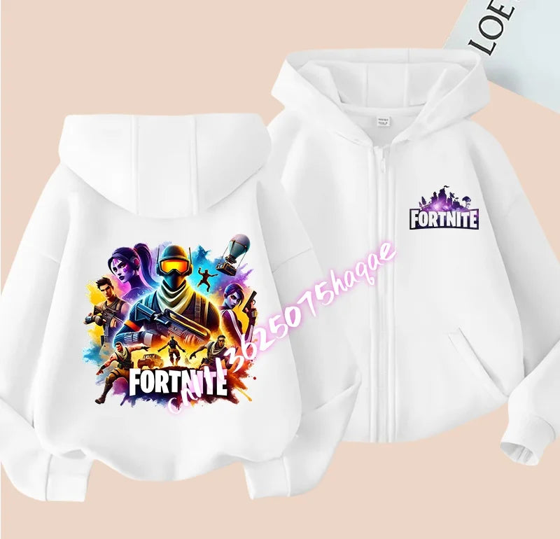 Casacos com capuz e fecho para criança Fortnites, sweatshirts Anime Fortress Night, sweatshirts gaming de primavera/outono, roupa desportiva infantil, presente