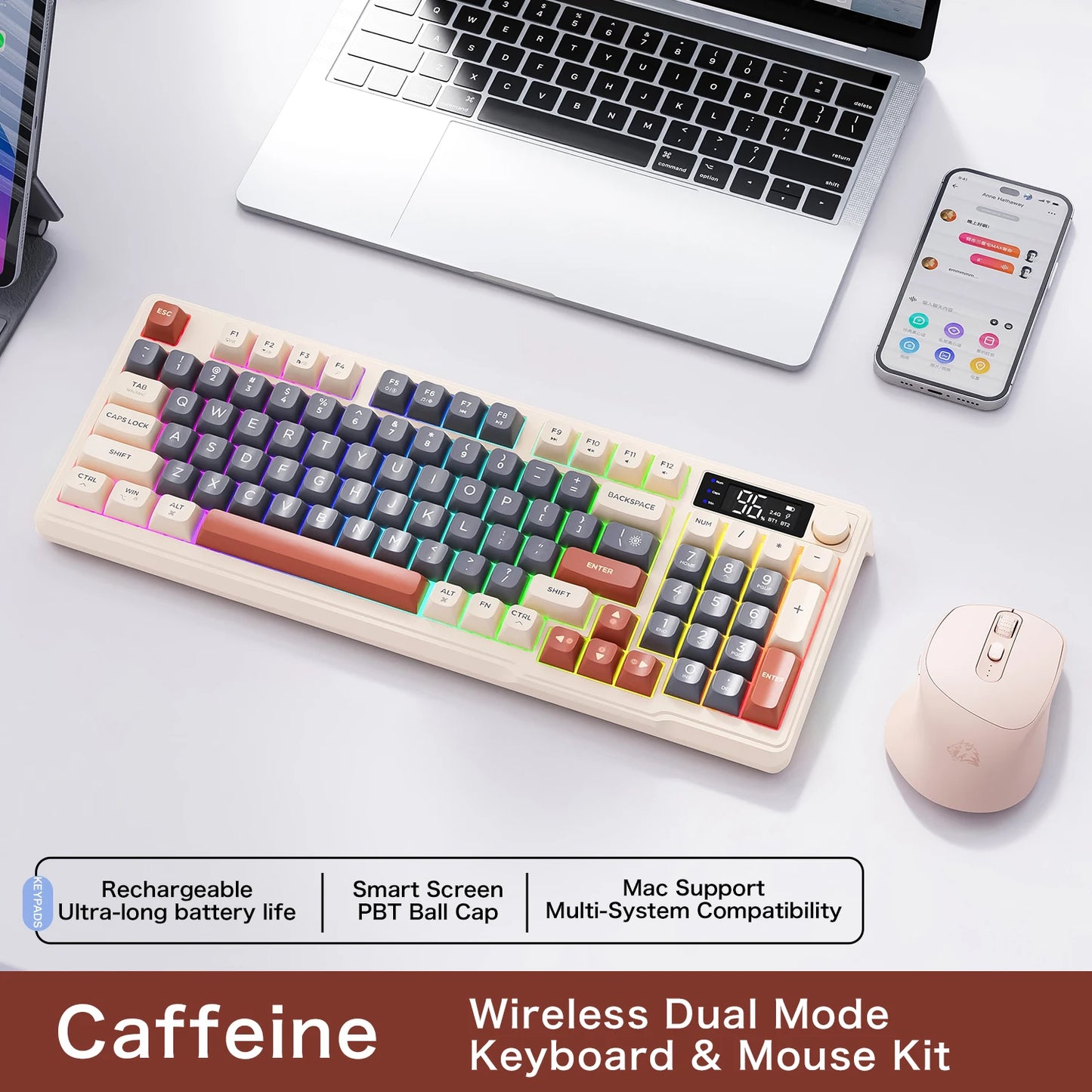 M96 Bluetooth-Tastatur Kabellose FREEWOLF Bildschirm-Gaming-Tastatur, elektronischer Bildschirm, Multi-Device-Verbindung, ergonomisches Gaming
