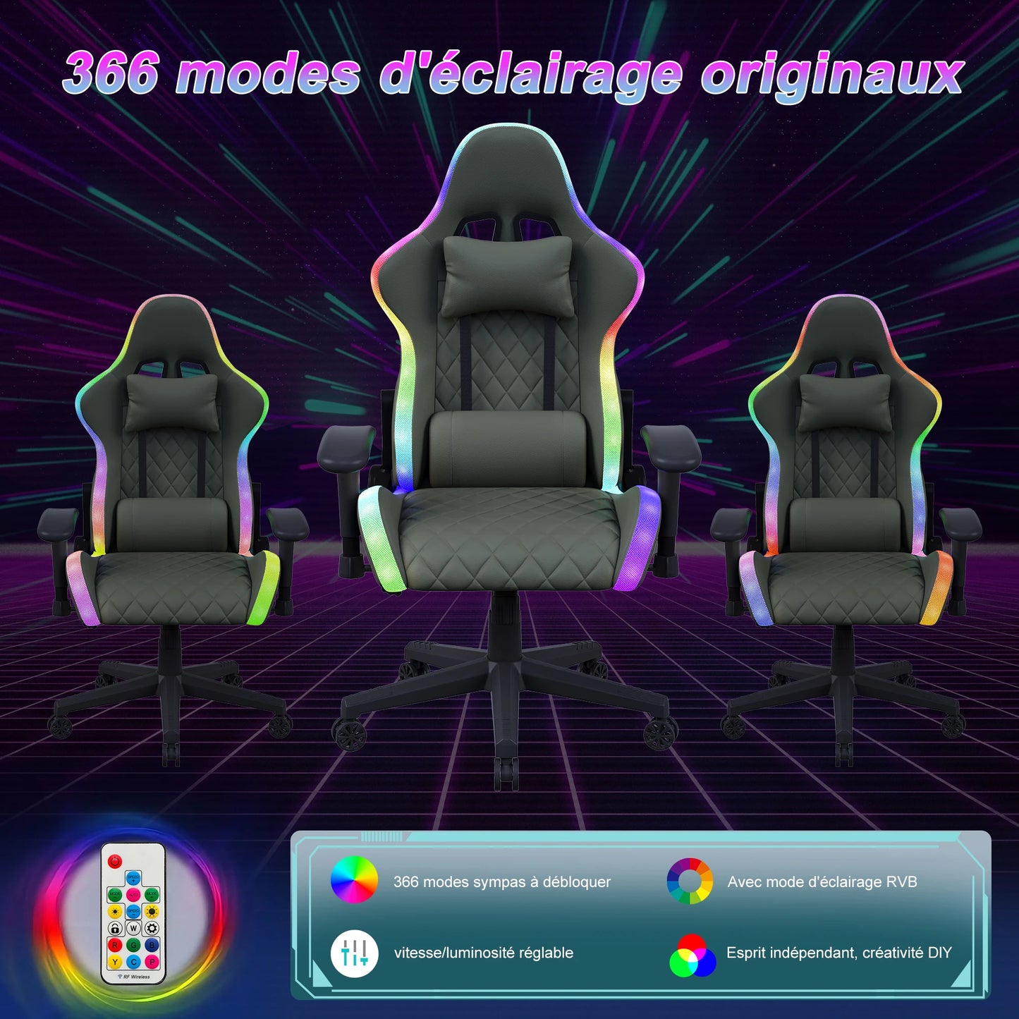 Fangange Gaming Chair with Massage Function, Adjustable backrest,Computer Chair,with ambient light,Lumbar Cushion, Pillow,150 KG