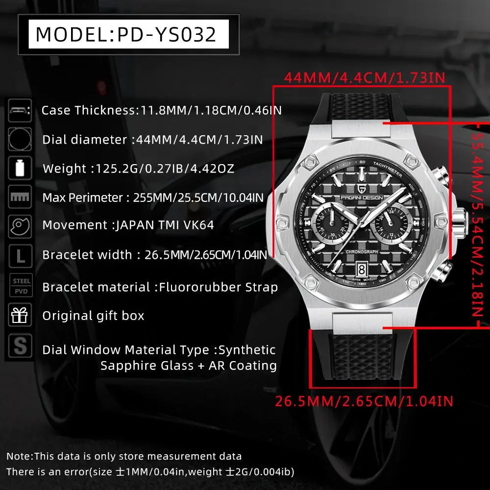 PAGANI DESIGN PD-YS032 Herren-Quarzuhr 44mm Japan VK64 Uhrwerk Edelstahlgehäuse Kautschukarmband Saphirglas 100M wasserdicht