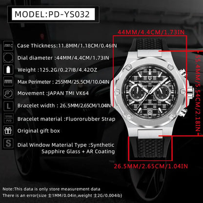 PAGANI DESIGN PD-YS032 Herren-Quarzuhr 44mm Japan VK64 Uhrwerk Edelstahlgehäuse Kautschukarmband Saphirglas 100M wasserdicht