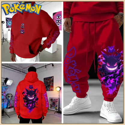 Black Hoodie and Pants Set with Pokemon Character Print Sleeve and Side Text Streetwear Anime Tracksuit for Men Unisex Casual