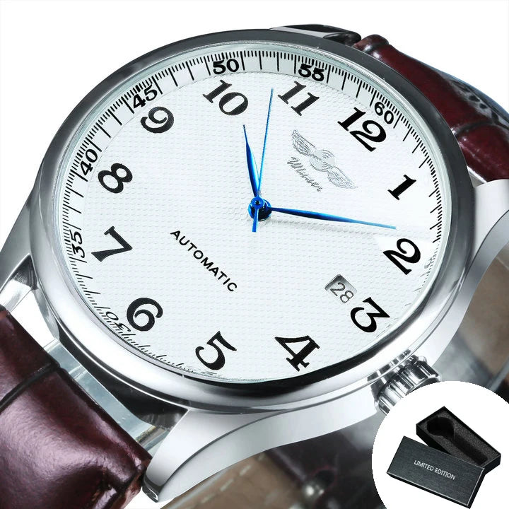 Klassische Herrenuhr – Retro-Design mit Kalender und blauen Zeigern, mechanisches Automatikwerk, renommierte Marke, Edelstahlgehäuse und Lederarmband