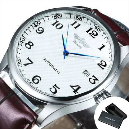 Klassische Herrenuhr – Retro-Design mit Kalender und blauen Zeigern, mechanisches Automatikwerk, renommierte Marke, Edelstahlgehäuse und Lederarmband