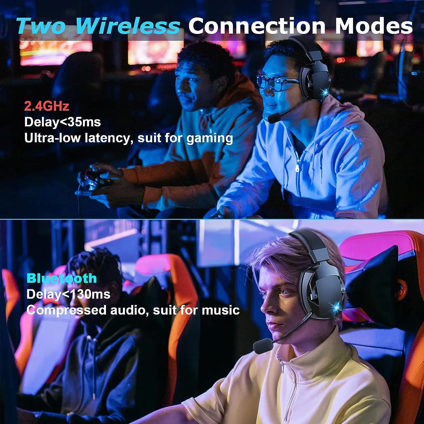 Gaming Headset with Detachable Noise Cancelling Microphone – 3 Mode Wireless Bluetooth 5.3 2.4G USB & 3.5mm Wired Gaming Headset with 50mm Drivers
