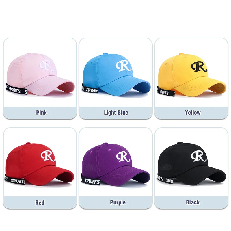 Casquette de baseball à visière rigide ajustable en coton brodé avec ruban en forme de lettre « R », casquette de soleil, casquette de camionneur, casquette hip-hop