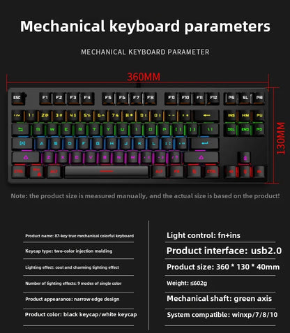 Gamer Mechanical keyboard 87 keys gaming 80% backlit key board ergonomic computer office wired mini pc numpad pink white black